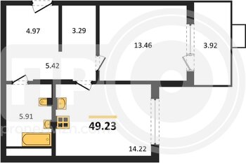 Миниатюра 1-комнатная квартира, 49.23кв.м