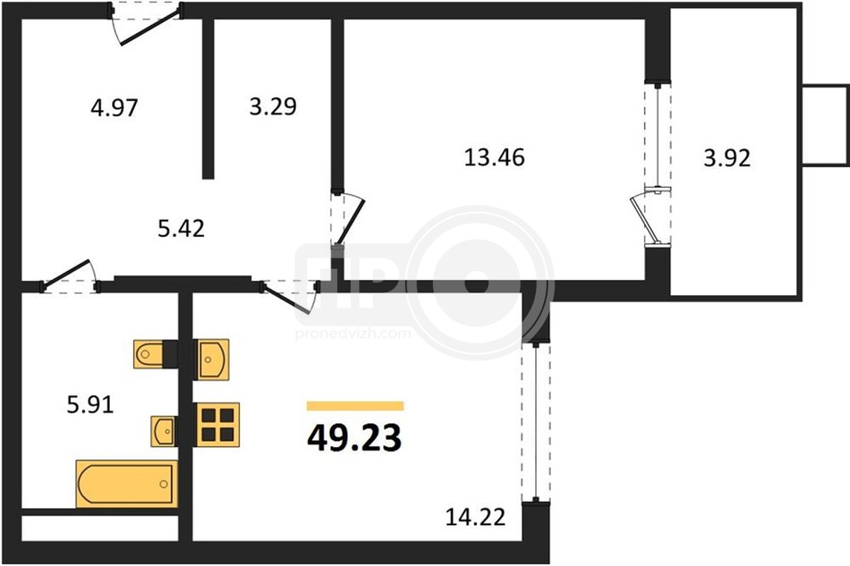 1-комнатная квартира, 49.23кв.м
