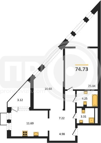 Миниатюра 2-комнатная квартира, 74.73кв.м