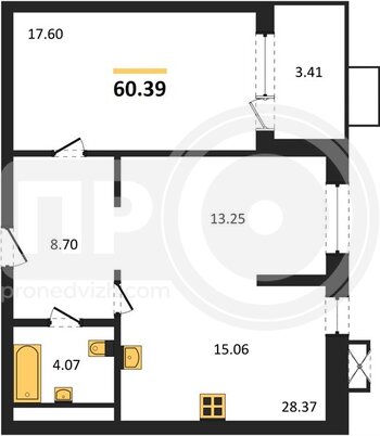 Миниатюра 2-комнатная квартира, 60.39кв.м