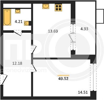 Миниатюра 1-комнатная квартира, 47.06кв.м