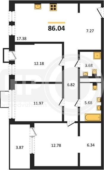 Миниатюра 3-комнатная квартира, 86.04кв.м
