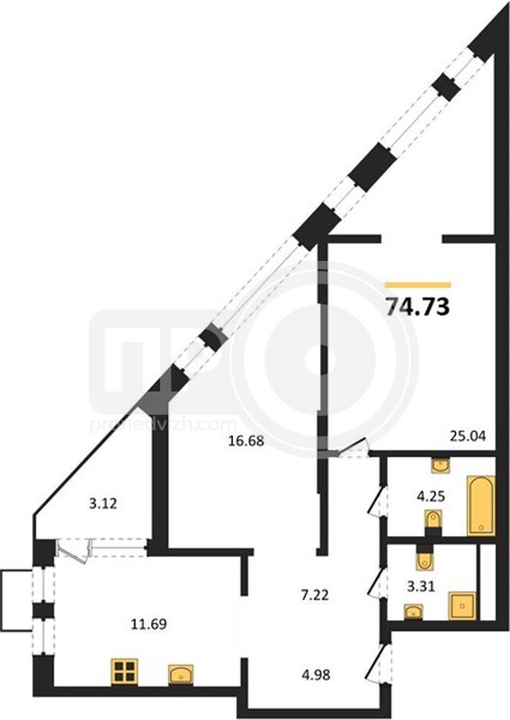 2-комнатная квартира, 74.73кв.м