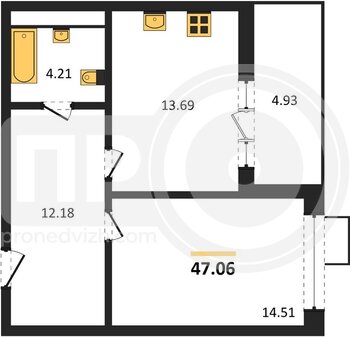 Миниатюра 1-комнатная квартира, 47.06кв.м