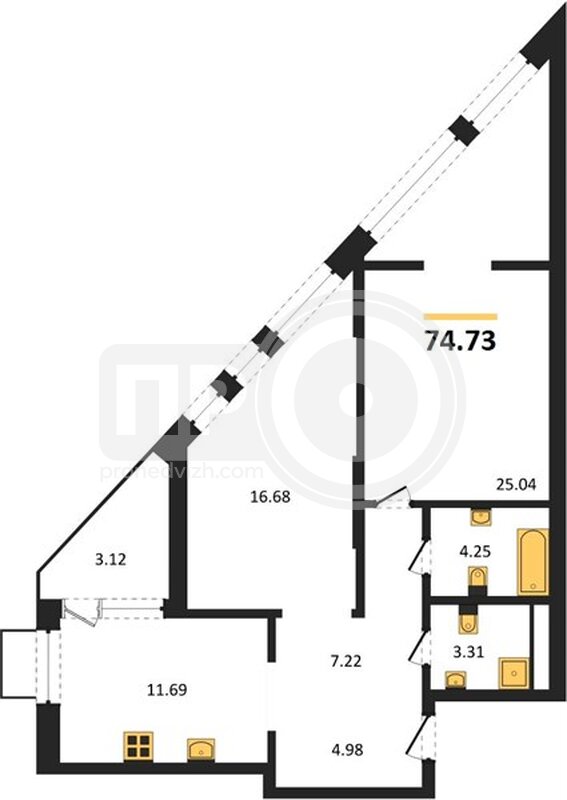 2-комнатная квартира, 74.73кв.м