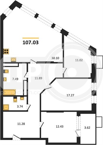 Миниатюра 3-комнатная квартира, 107.03кв.м
