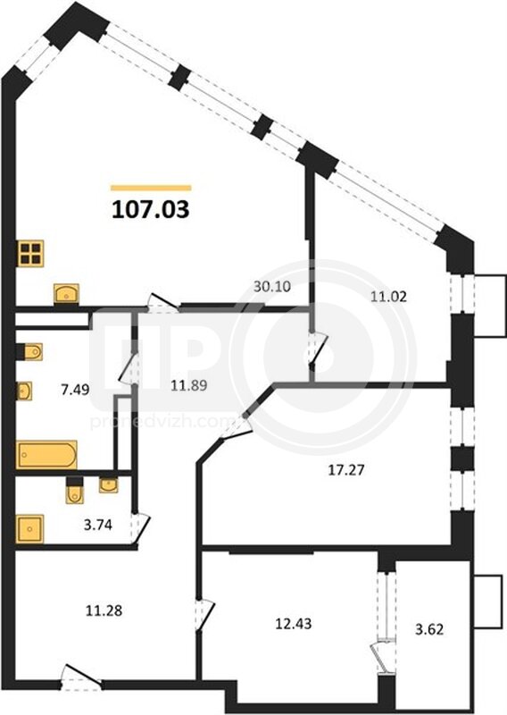 3-комнатная квартира, 107.03кв.м