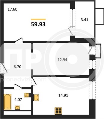 Миниатюра 2-комнатная квартира, 59.93кв.м