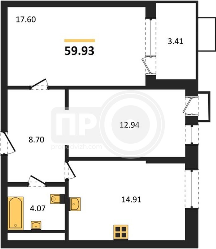 2-комнатная квартира, 59.93кв.м