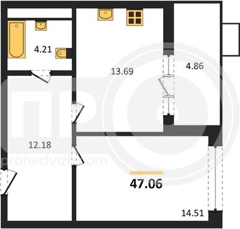Миниатюра 1-комнатная квартира, 47.06кв.м