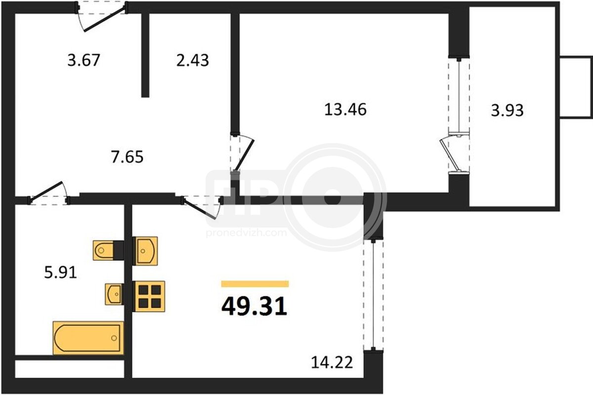 1-комнатная квартира, 49.31кв.м