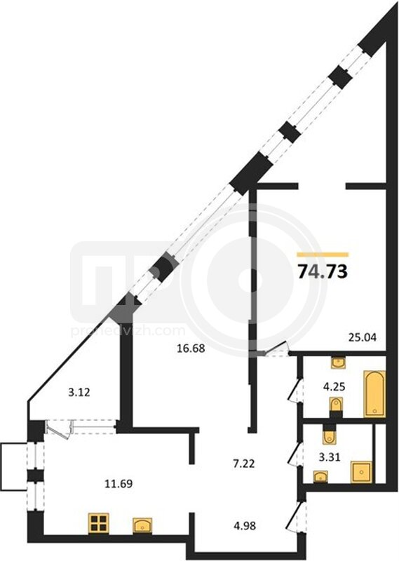 2-комнатная квартира, 74.73кв.м