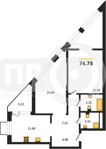 Миниатюра 2-комнатная квартира, 74.73кв.м