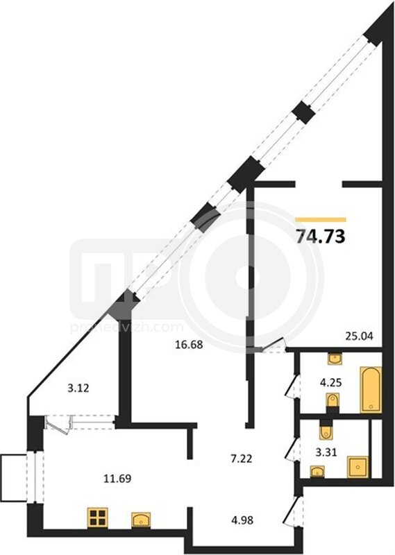 2-комнатная квартира, 74.73кв.м