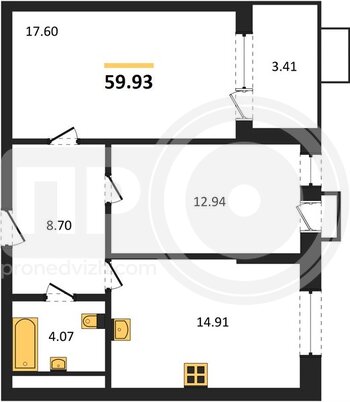 Миниатюра 2-комнатная квартира, 59.93кв.м