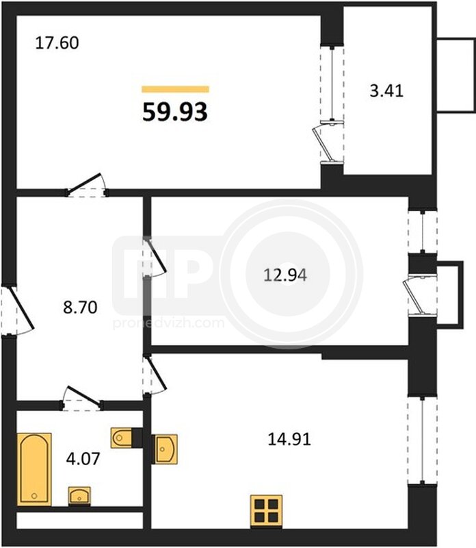 2-комнатная квартира, 59.93кв.м