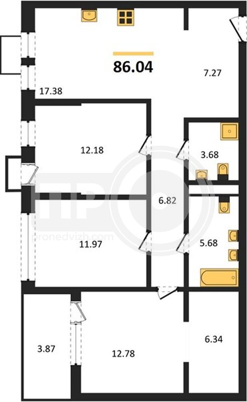 3-комнатная квартира, 86.04кв.м