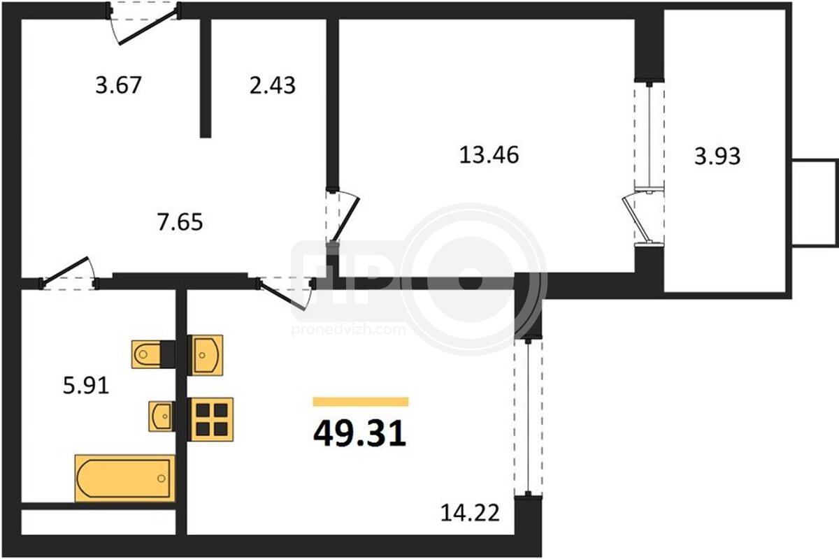 1-комнатная квартира, 49.31кв.м