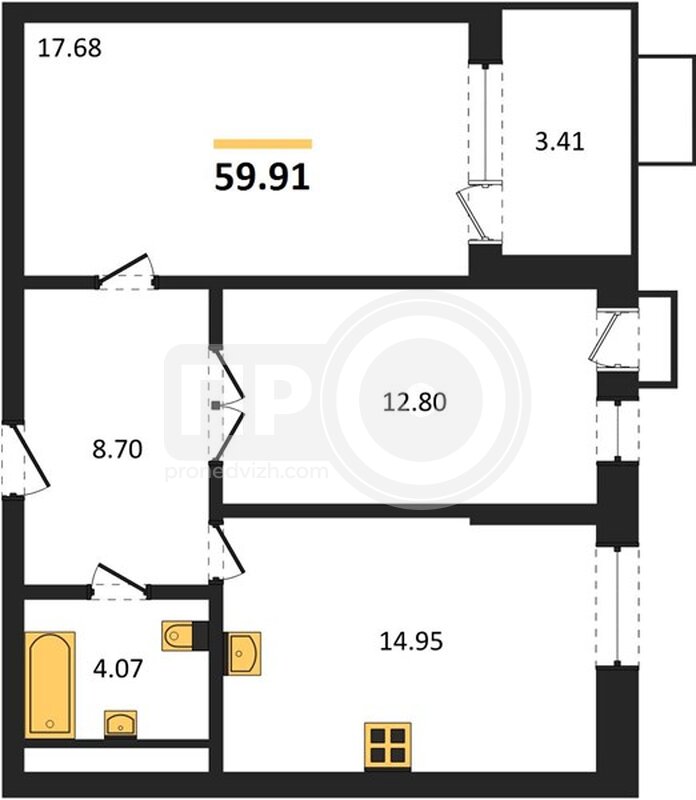 2-комнатная квартира, 59.91кв.м