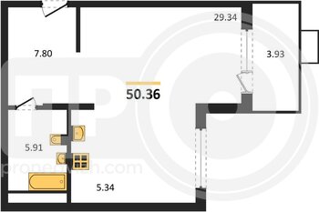 Миниатюра 1-комнатная квартира, 50.36кв.м
