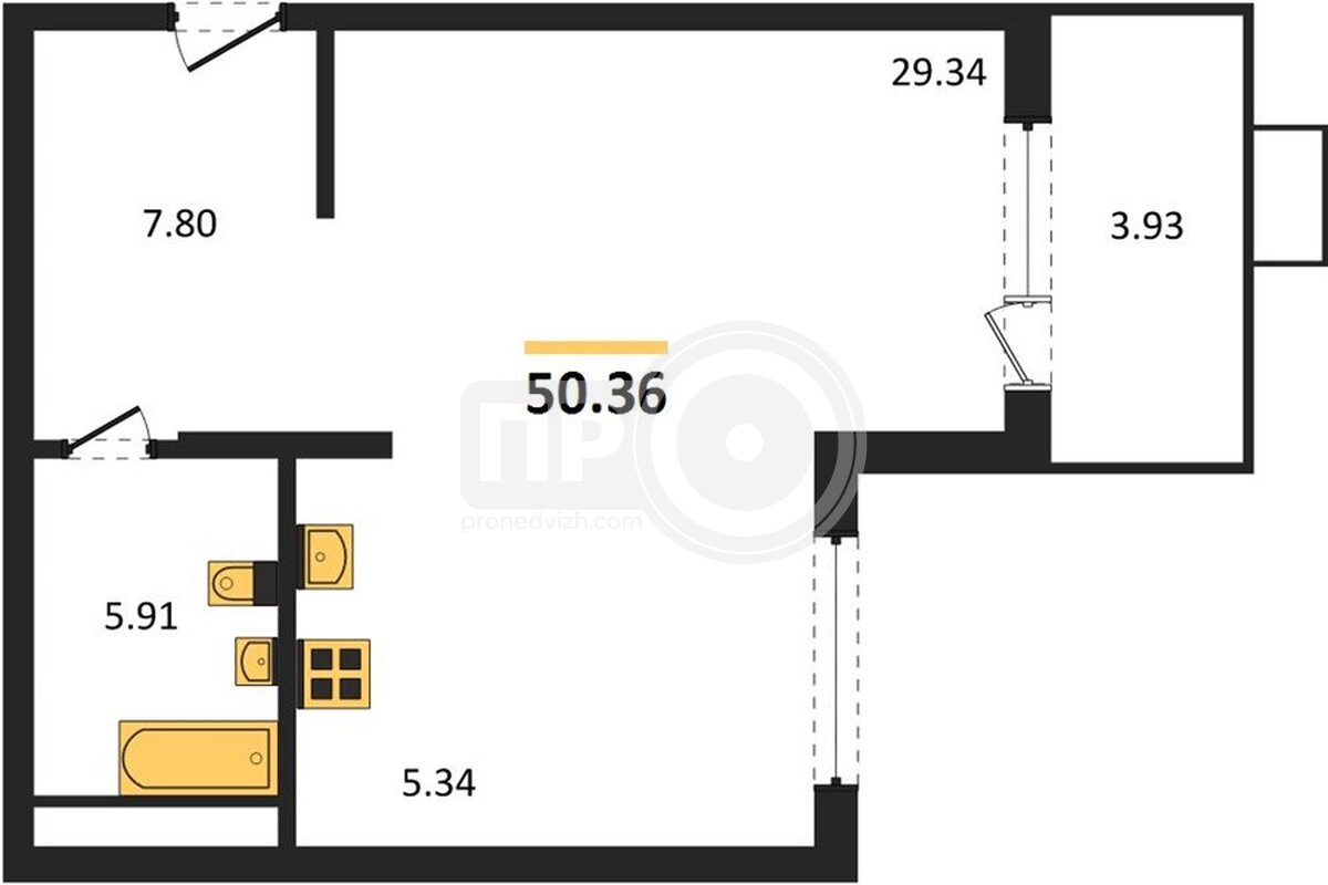 1-комнатная квартира, 50.36кв.м