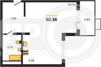 Миниатюра 1-комнатная квартира, 50.36кв.м