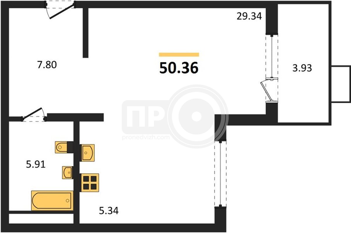 1-комнатная квартира, 50.36кв.м