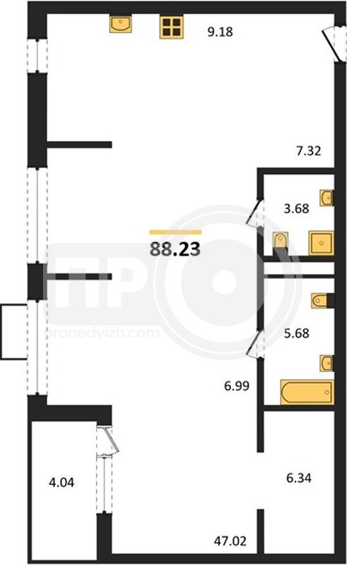 3-комнатная квартира, 88.23кв.м