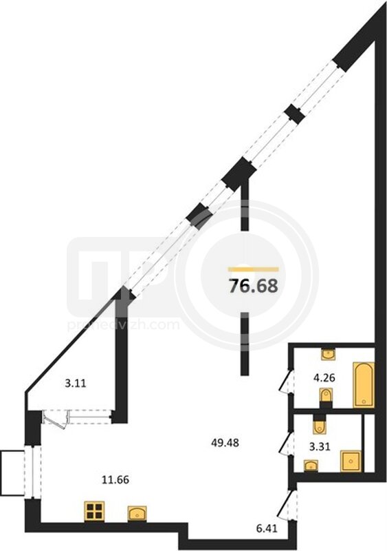 2-комнатная квартира, 76.68кв.м