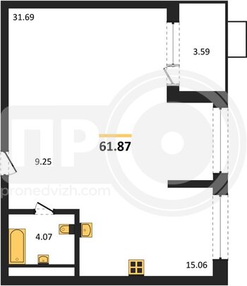 Миниатюра 2-комнатная квартира, 61.87кв.м