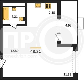 Миниатюра 1-комнатная квартира, 48.31кв.м