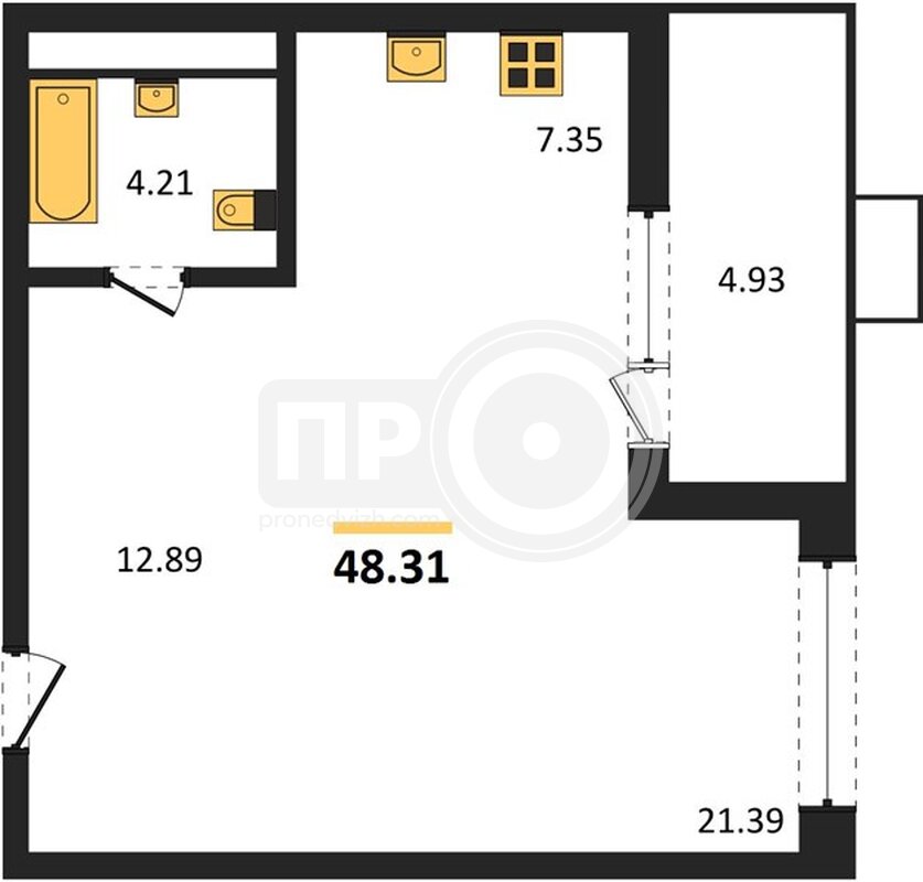 1-комнатная квартира, 48.31кв.м