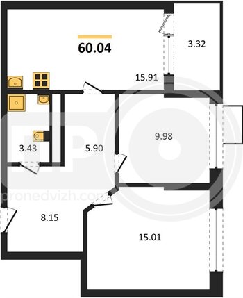 Миниатюра 2-комнатная квартира, 60.04кв.м