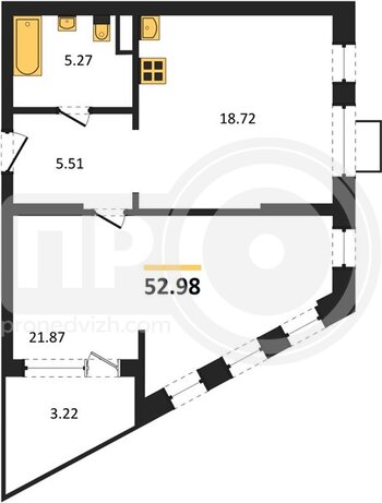 Миниатюра 1-комнатная квартира, 52.98кв.м