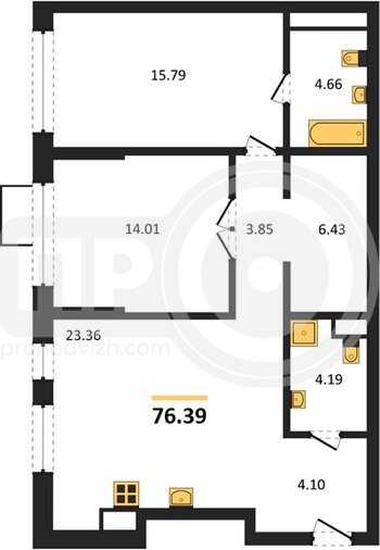 Миниатюра 2-комнатная квартира, 76.39кв.м