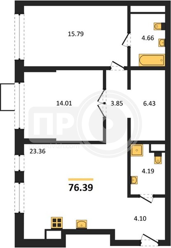 2-комнатная квартира, 76.39кв.м