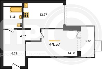 Миниатюра 1-комнатная квартира, 44.57кв.м