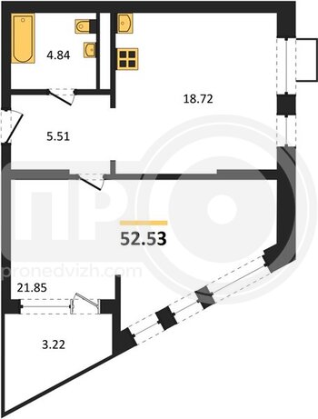 Миниатюра 1-комнатная квартира, 52.53кв.м