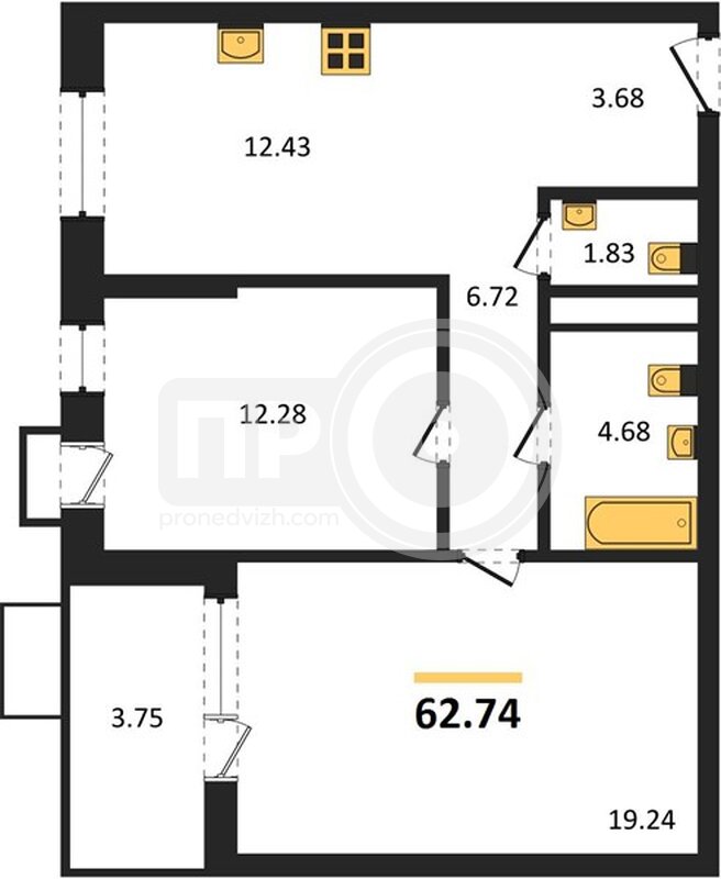2-комнатная квартира, 62.74кв.м