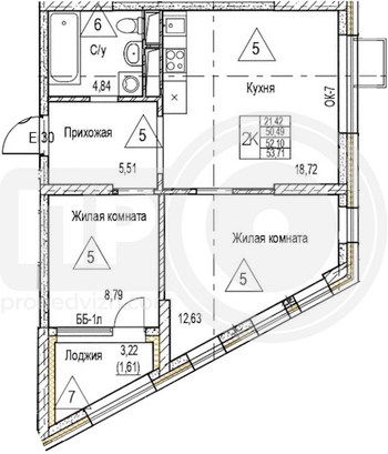 Миниатюра 2-комнатная квартира, 52.1кв.м
