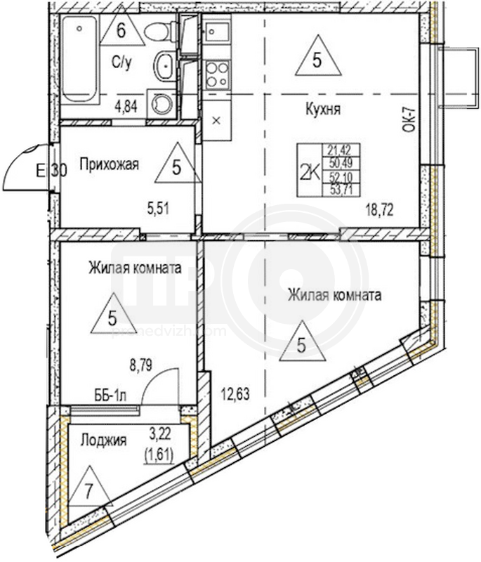 2-комнатная квартира, 52.1кв.м