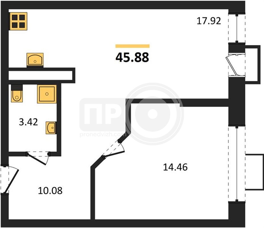 1-комнатная квартира, 45.88кв.м