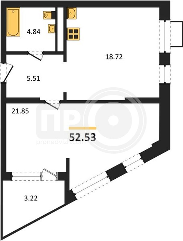 1-комнатная квартира, 52.53кв.м