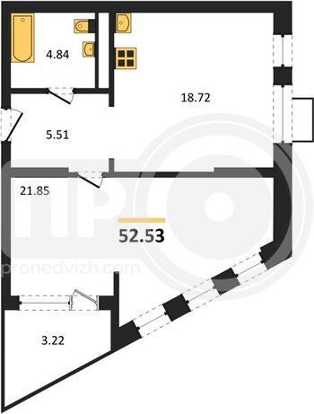 Миниатюра 1-комнатная квартира, 52.53кв.м