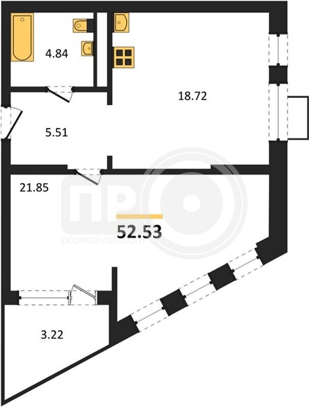 1-комнатная квартира, 52.53кв.м