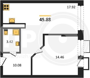 Миниатюра 1-комнатная квартира, 45.88кв.м