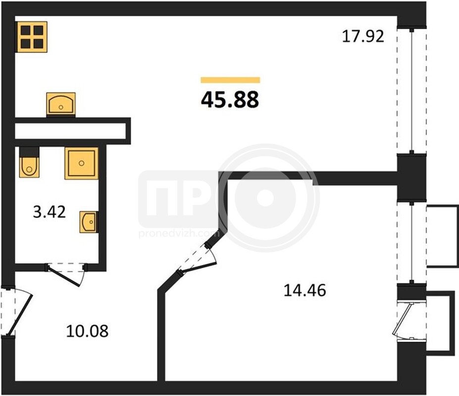 1-комнатная квартира, 45.88кв.м