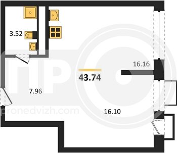 Миниатюра 1-комнатная квартира, 43.74кв.м