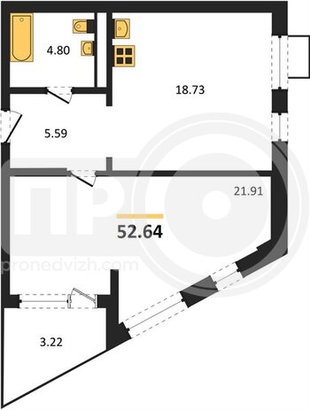 Миниатюра 1-комнатная квартира, 52.64кв.м