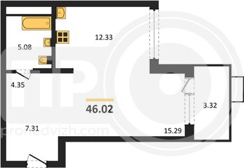 Миниатюра 1-комнатная квартира, 46.02кв.м